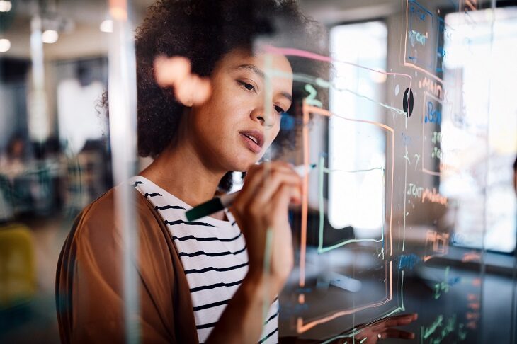 female employee writing on a screen