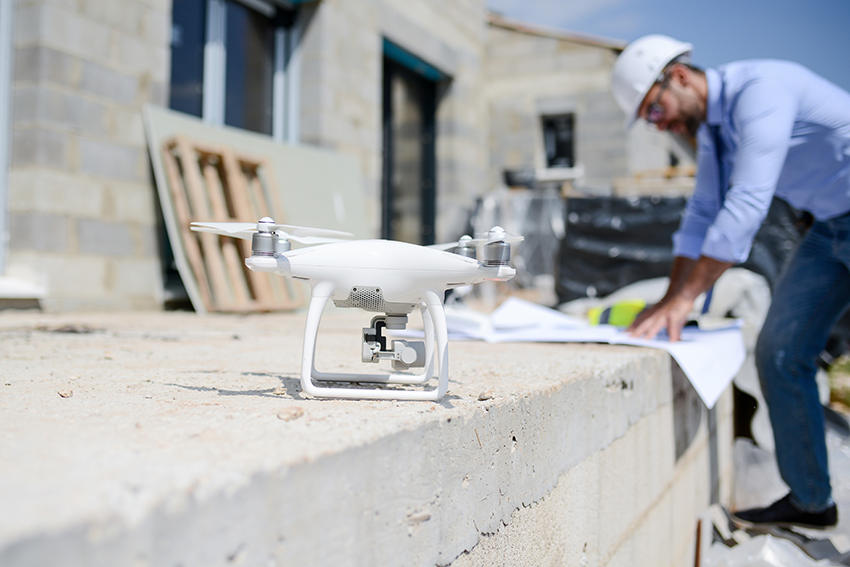 handsome architect flying inspection drone for aerial view of a house construction site industry