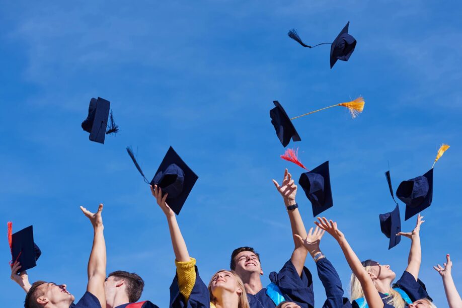 Students throwing grad caps in the air