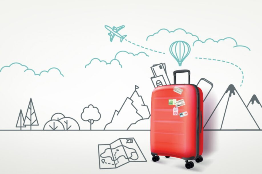 red suitcase and drawing of flight path