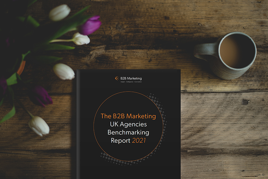 A close up, birds-eye-view shot of a wooden desk with flowers, a coffee mug and a black book of B2B Marketing information