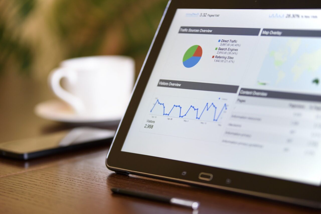 A close up shot of an electronic tablet with various graphs shown on screen sat on top of a wooden desk, a blurred mobile phone and coffee cup are in the background.