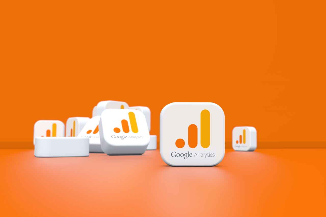 ten white squares against an orange background, with seven showing the google analytics logo