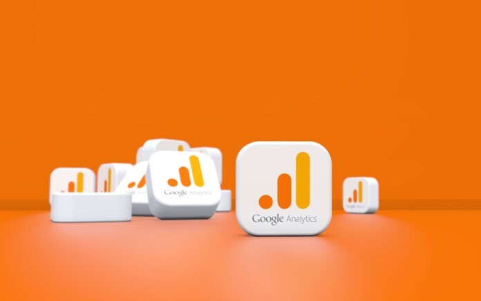 ten white squares against an orange background, with seven showing the google analytics logo