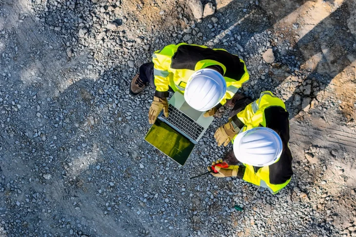 Two construction workers standing around a laptop project