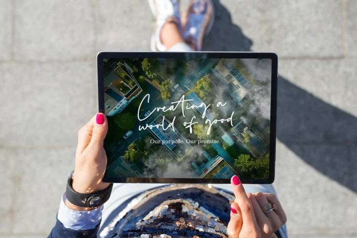 Creating a world of good slogan on a tablet