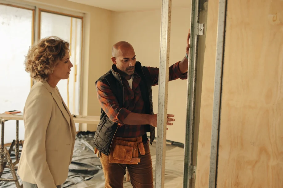 Builder working on a home in front of client