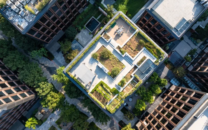 Building amongst lots of greenery to demonstrate sustainable construction