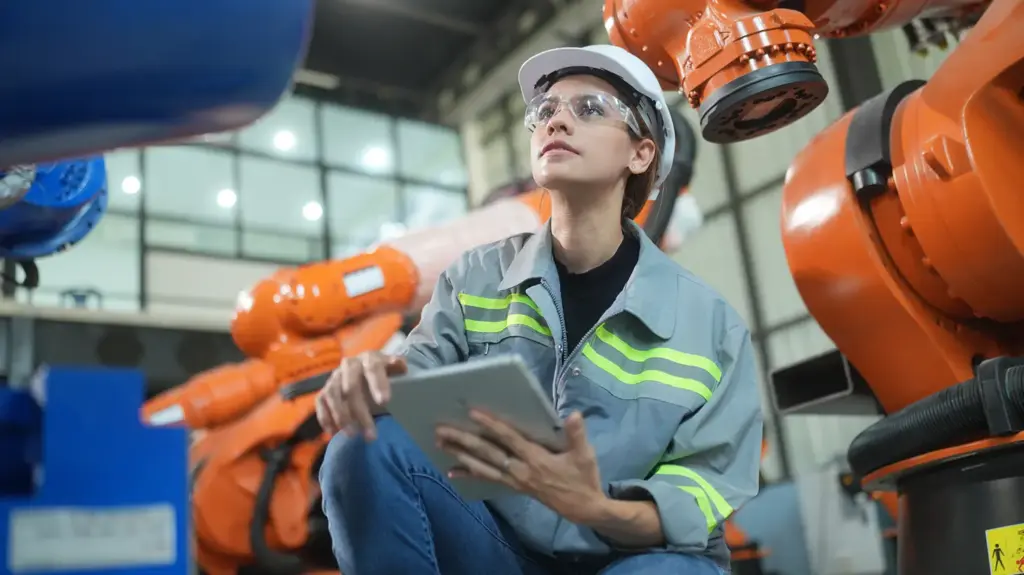 Female engineer working with orange coloured robotics